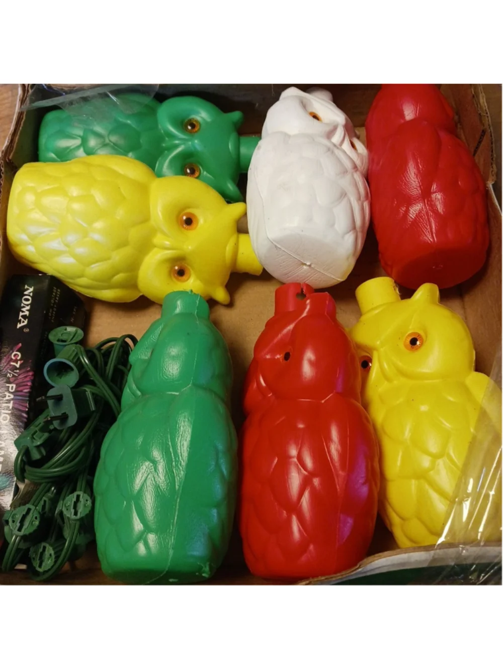 Vintage NOMA 7 Blow Mold Plastic OWL Patio Party Lites Tiki Light String NOS